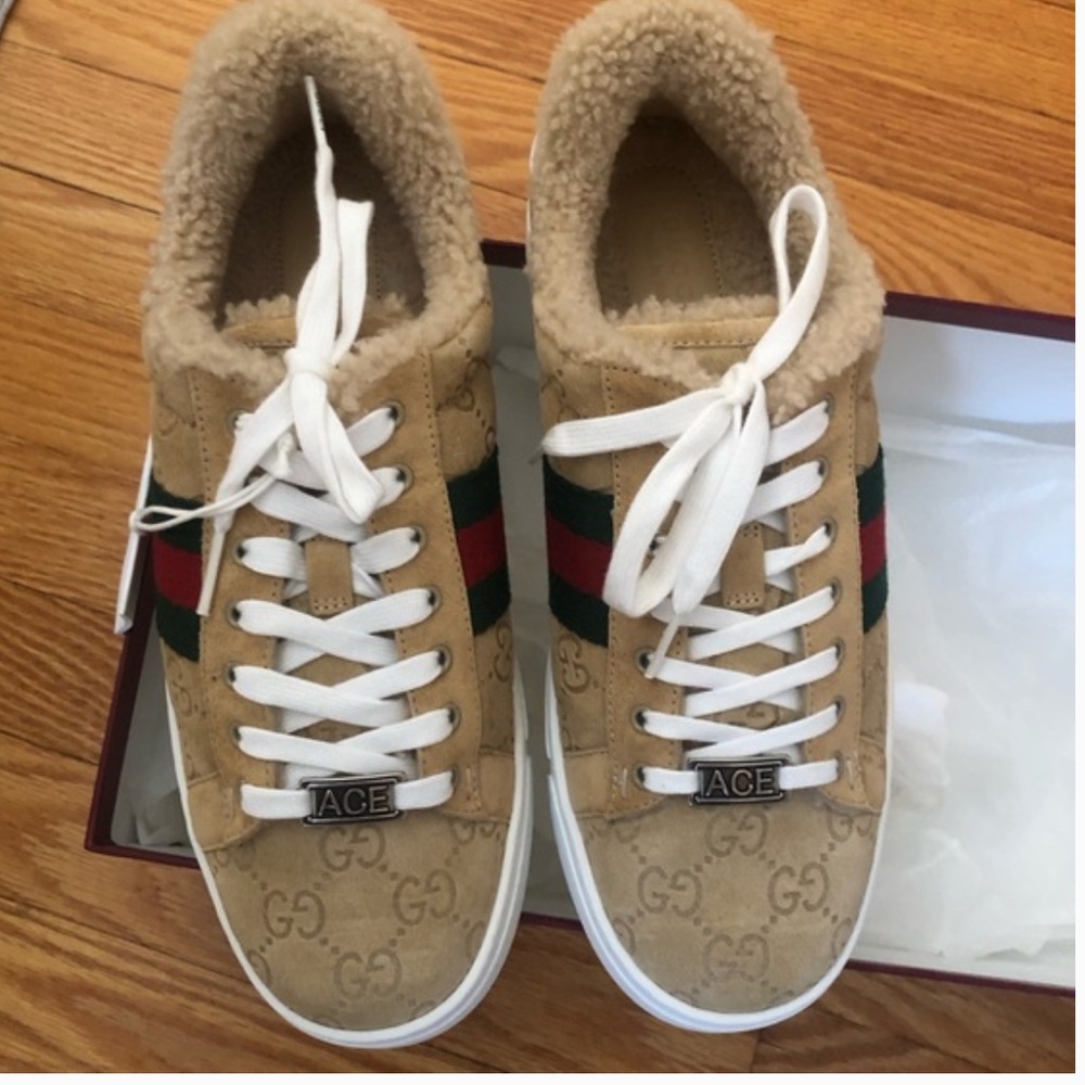 Gucci Tan Suede Ace Sneakers with Green & Red Web Stripe
